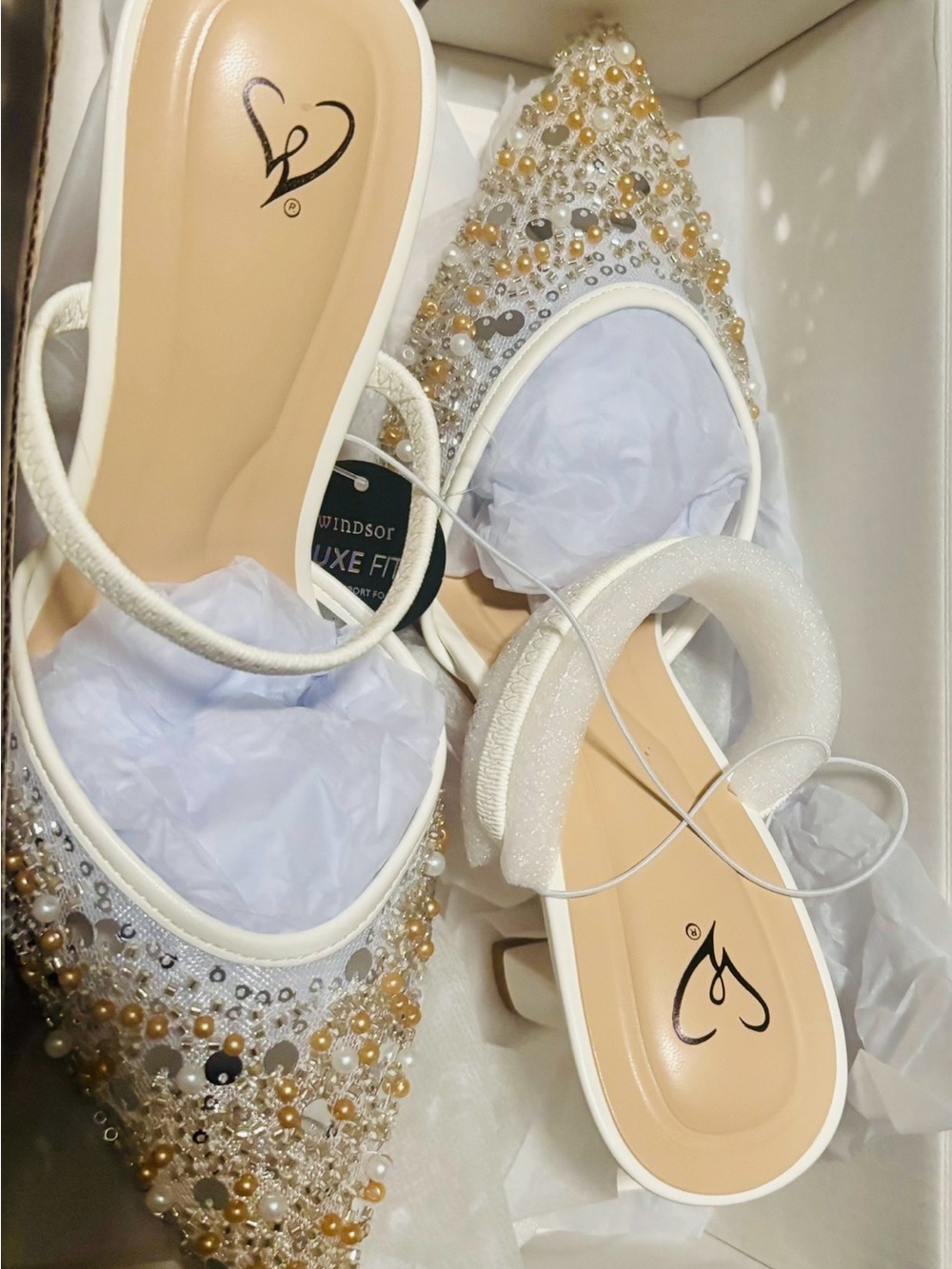 Embellished White Pearl & Bead Pointed Slingback Heels